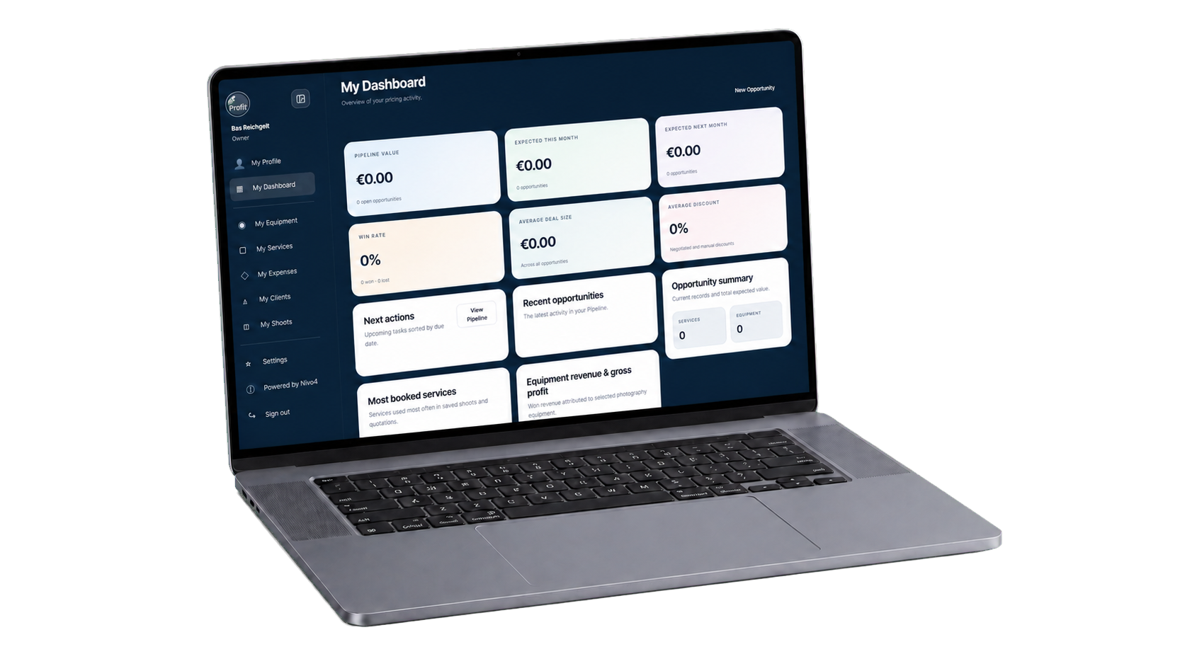 Realistic aluminium laptop showing the Nivo4 Photography OS dashboard